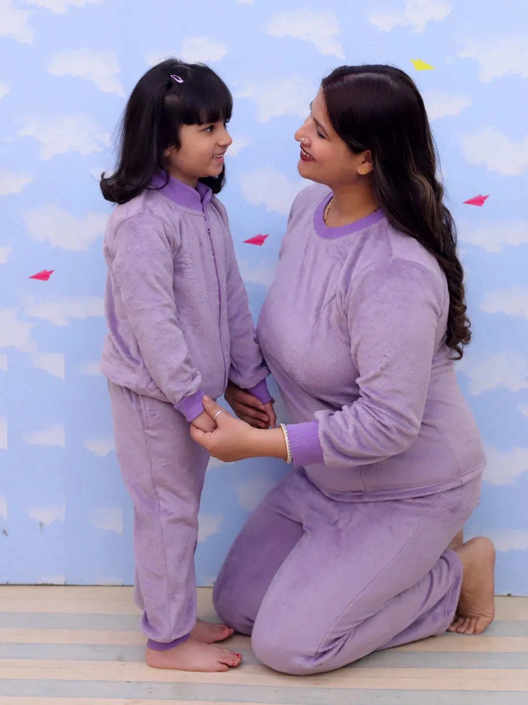 Twinning Combo: Purple Fluffies Womens and Kid Fleece Co-ord Sets