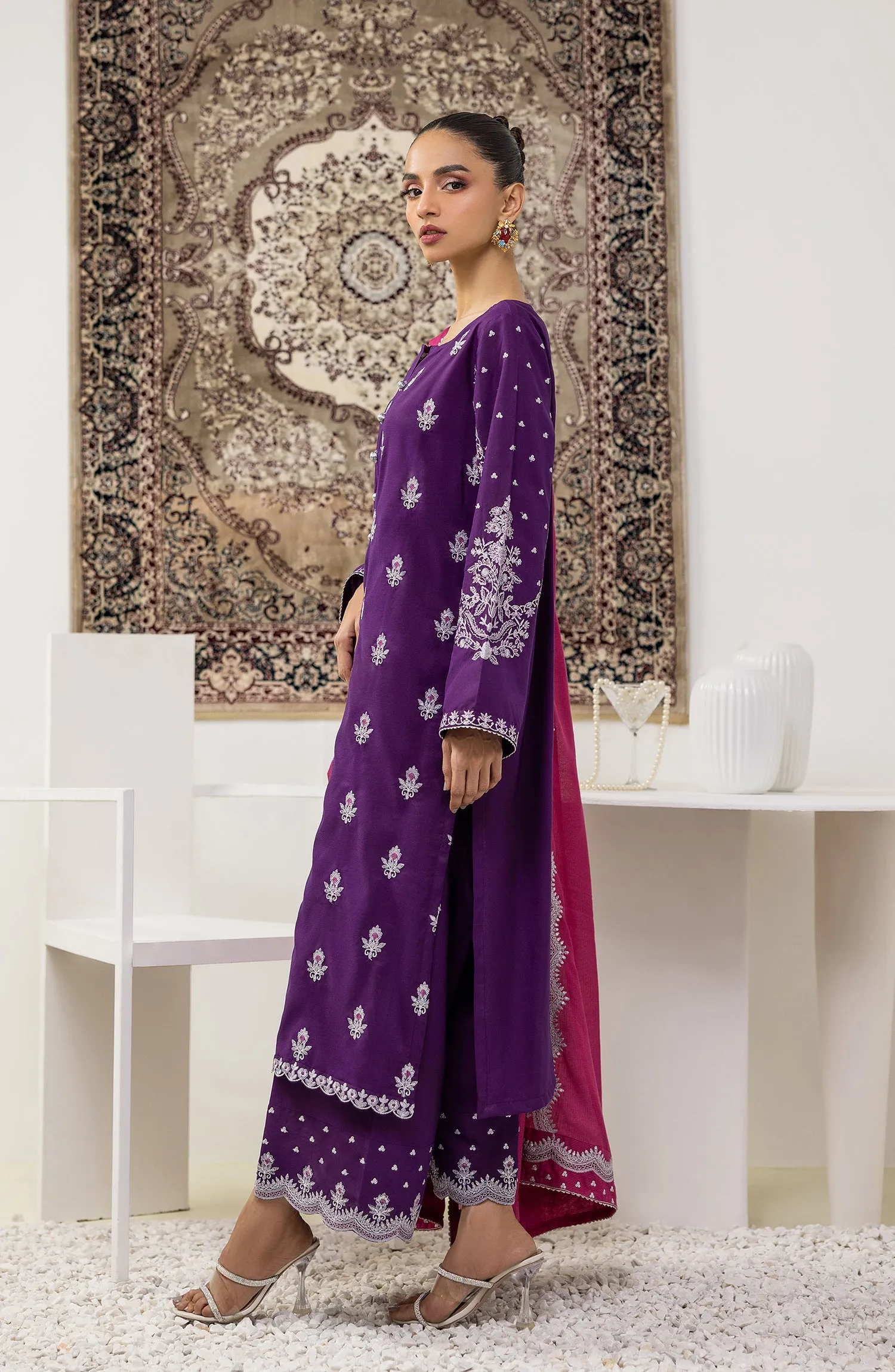 Unstitched 3 Piece Embroidered Raw Silk Shirt , Raw Silk Pant and Dobby Net Dupatta (OTLF-23-055 PURPLE)