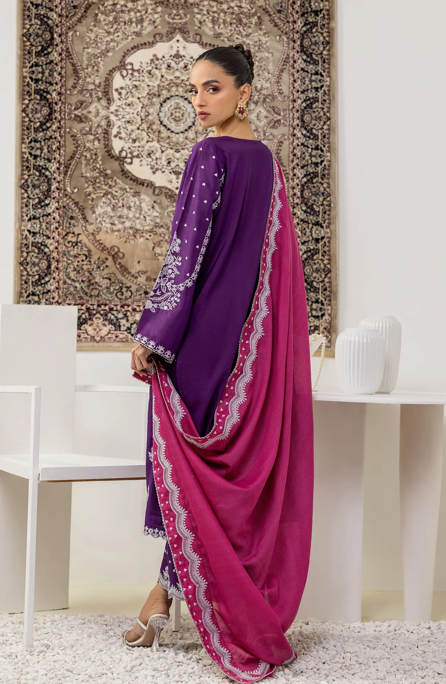 Unstitched 3 Piece Embroidered Raw Silk Shirt , Raw Silk Pant and Dobby Net Dupatta (OTLF-23-055 PURPLE)