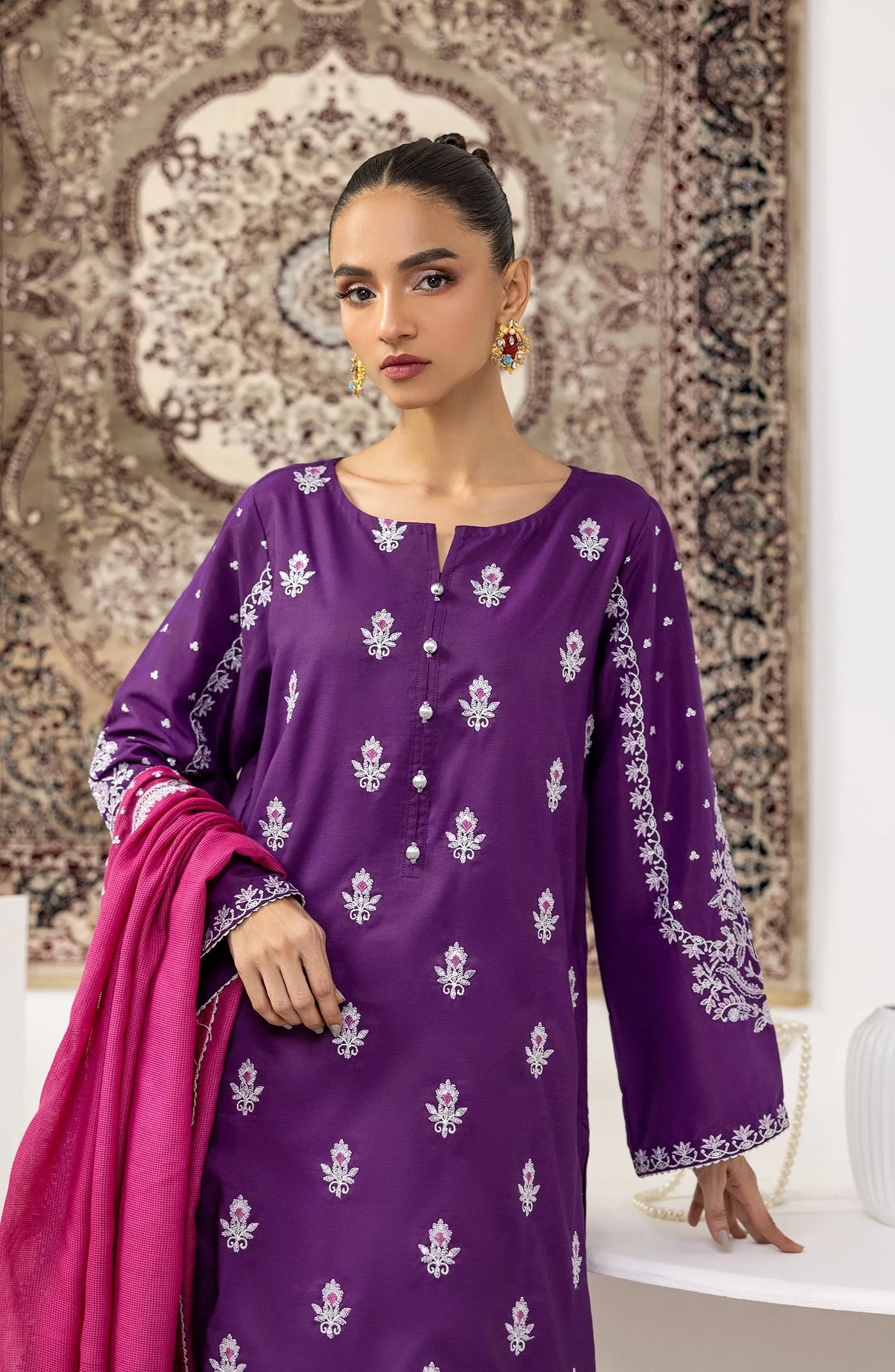 Unstitched 3 Piece Embroidered Raw Silk Shirt , Raw Silk Pant and Dobby Net Dupatta (OTLF-23-055 PURPLE)