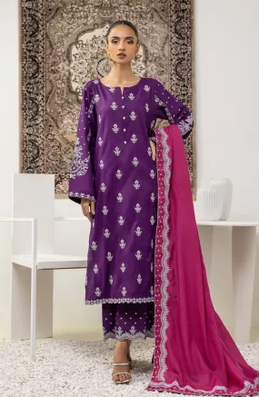 Unstitched 3 Piece Embroidered Raw Silk Shirt , Raw Silk Pant and Dobby Net Dupatta (OTLF-23-055 PURPLE)