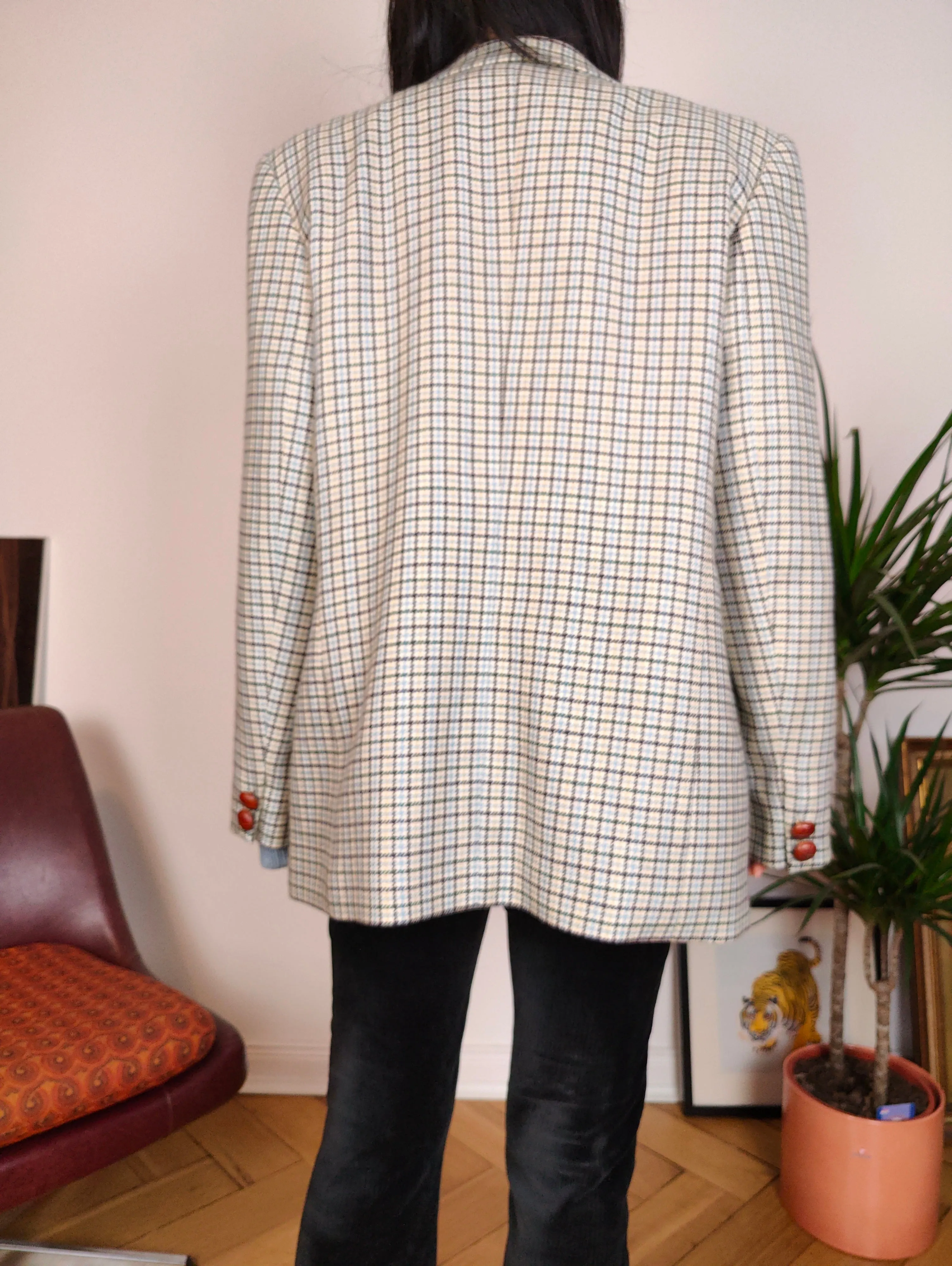 Vintage 100% wool blazer white blue checker check tartan pattern jacket women IT48 M