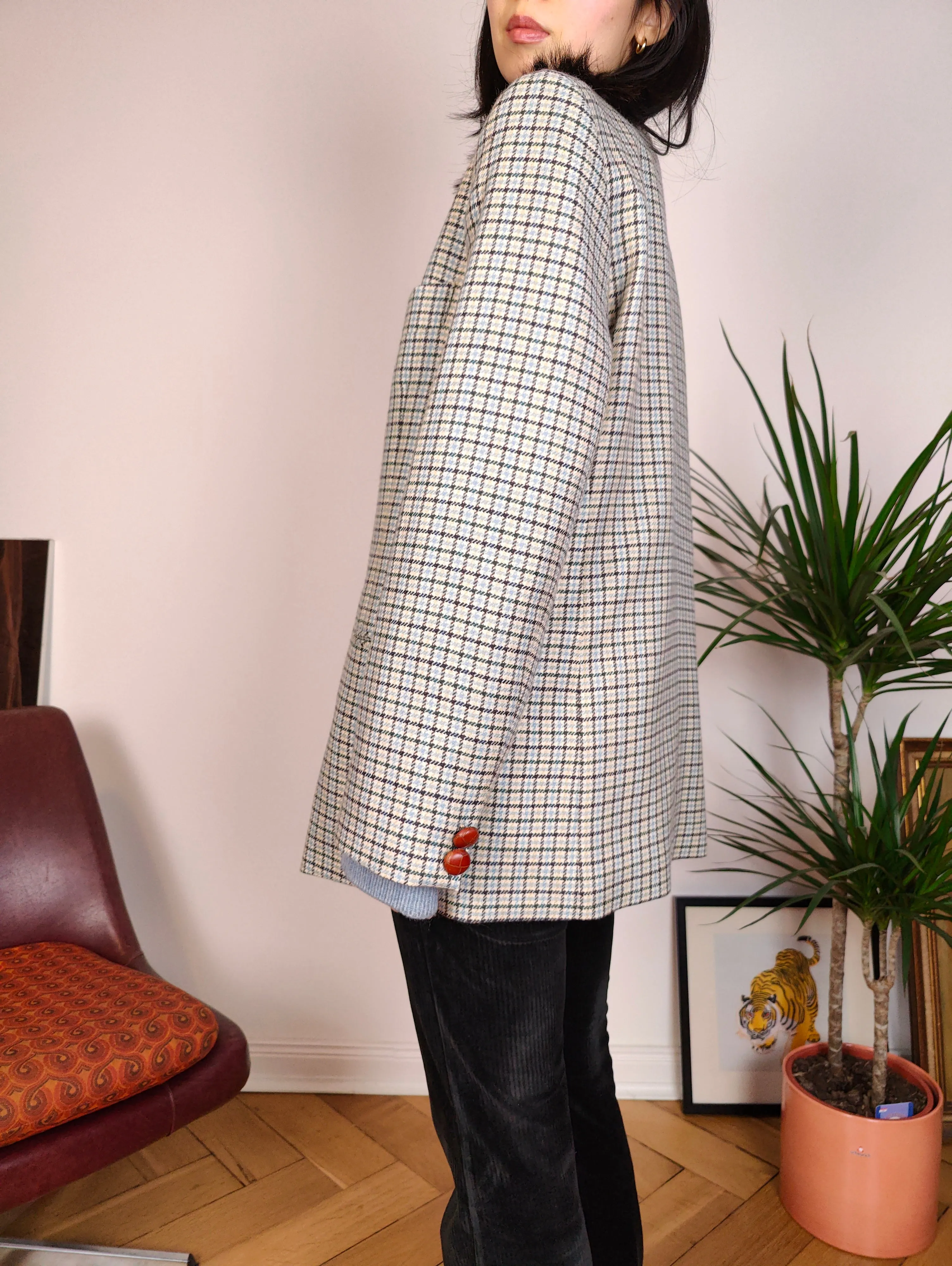 Vintage 100% wool blazer white blue checker check tartan pattern jacket women IT48 M