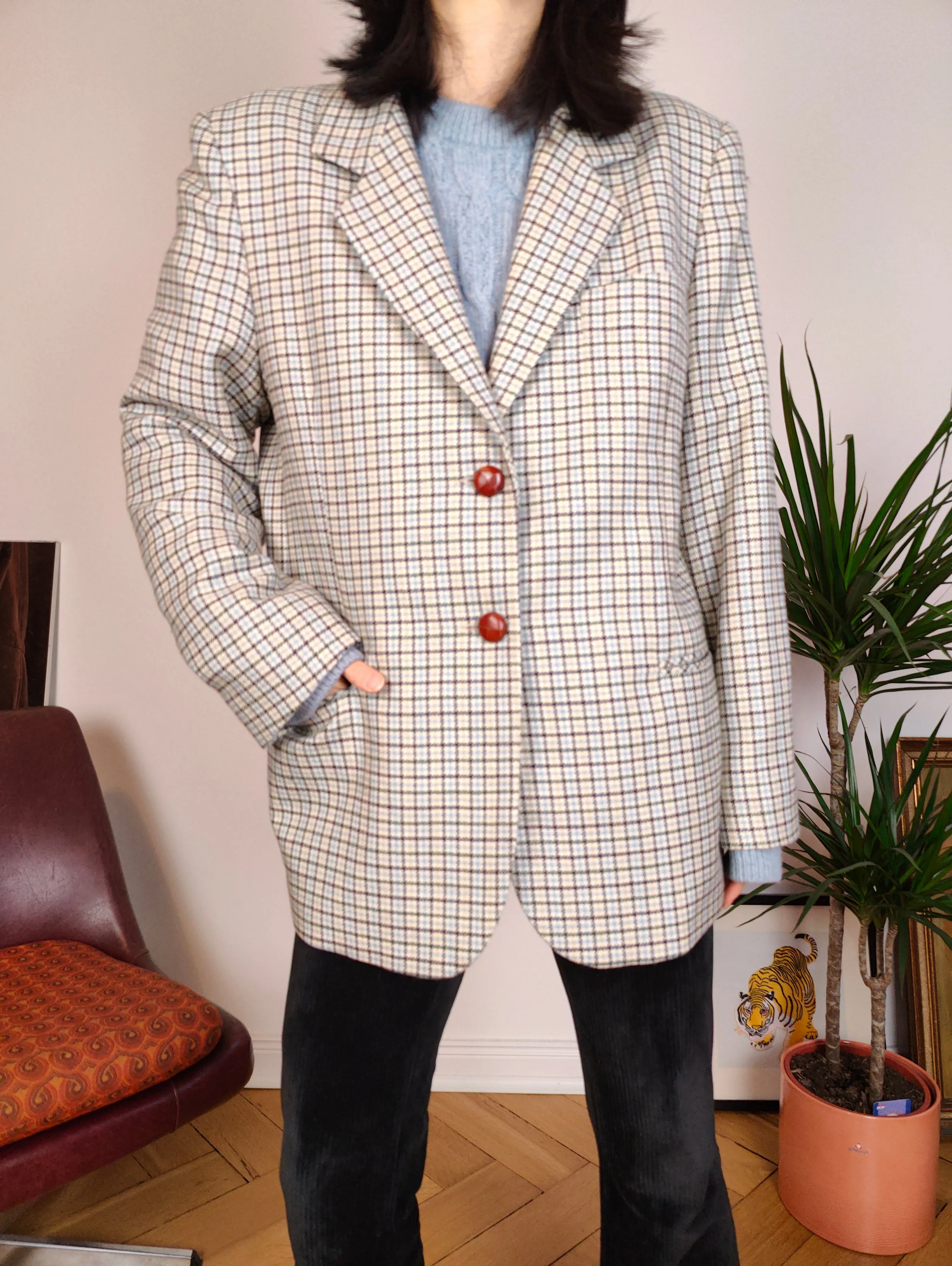 Vintage 100% wool blazer white blue checker check tartan pattern jacket women IT48 M
