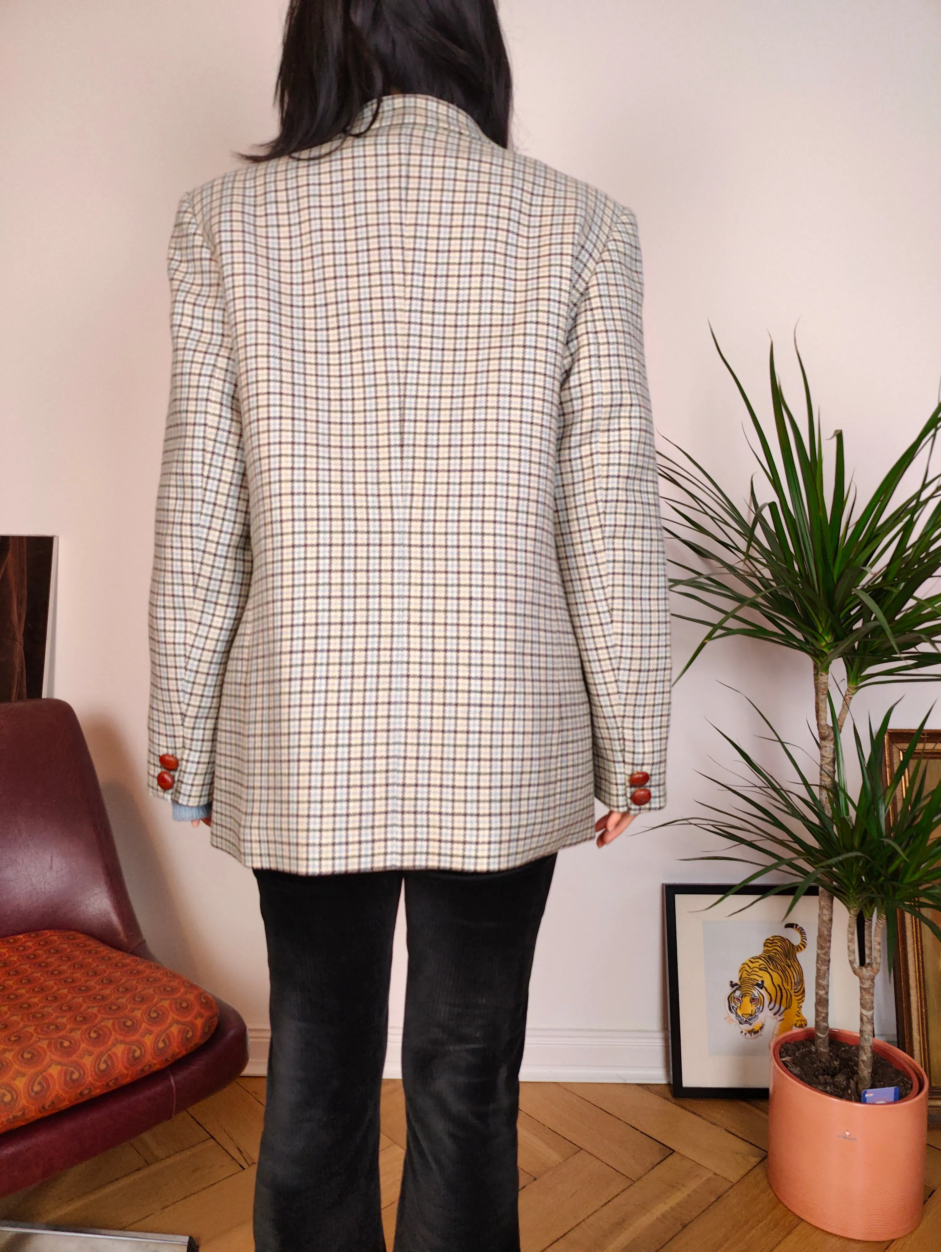 Vintage 100% wool blazer white blue checker check tartan pattern jacket women IT48 M