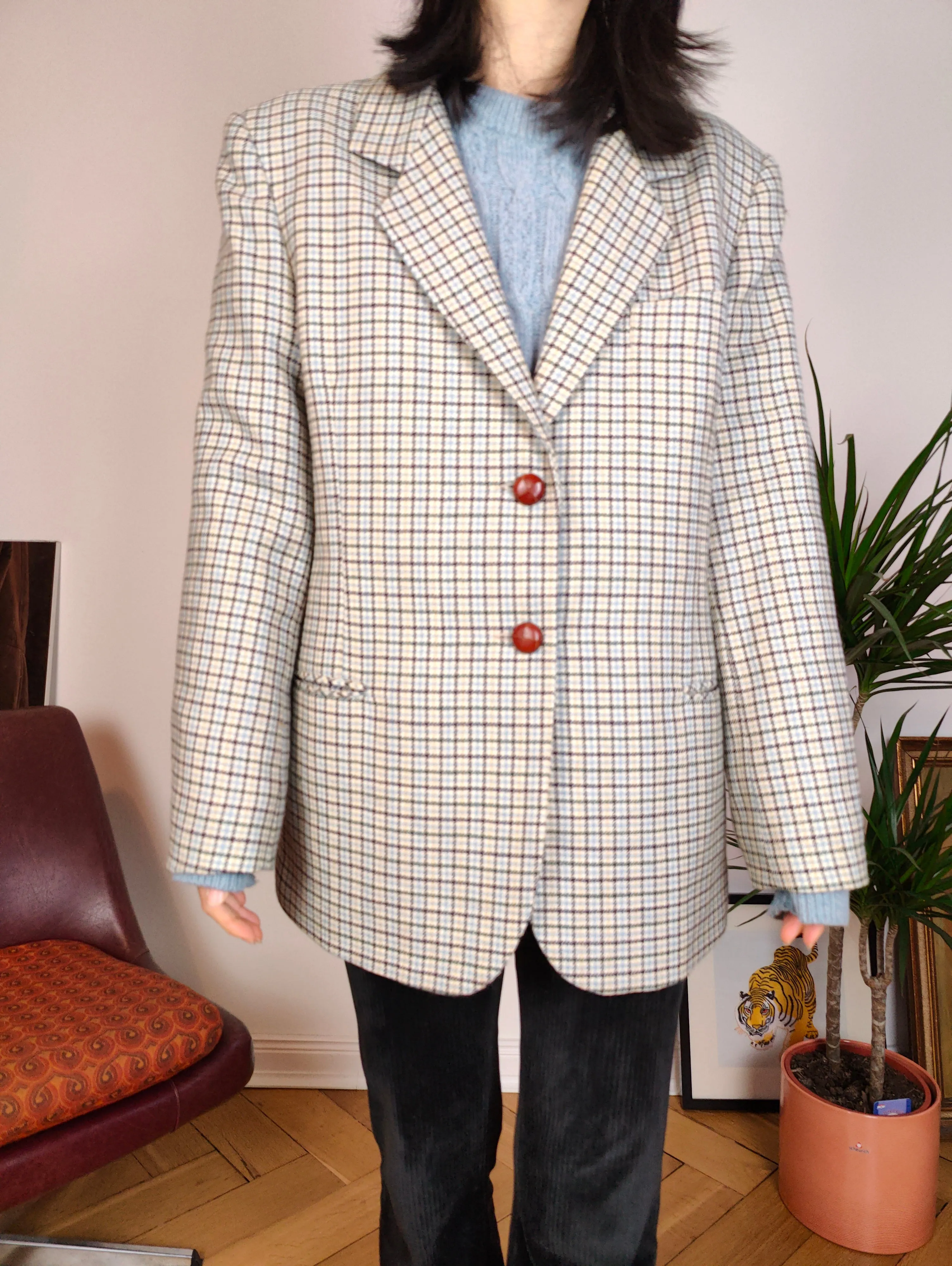 Vintage 100% wool blazer white blue checker check tartan pattern jacket women IT48 M