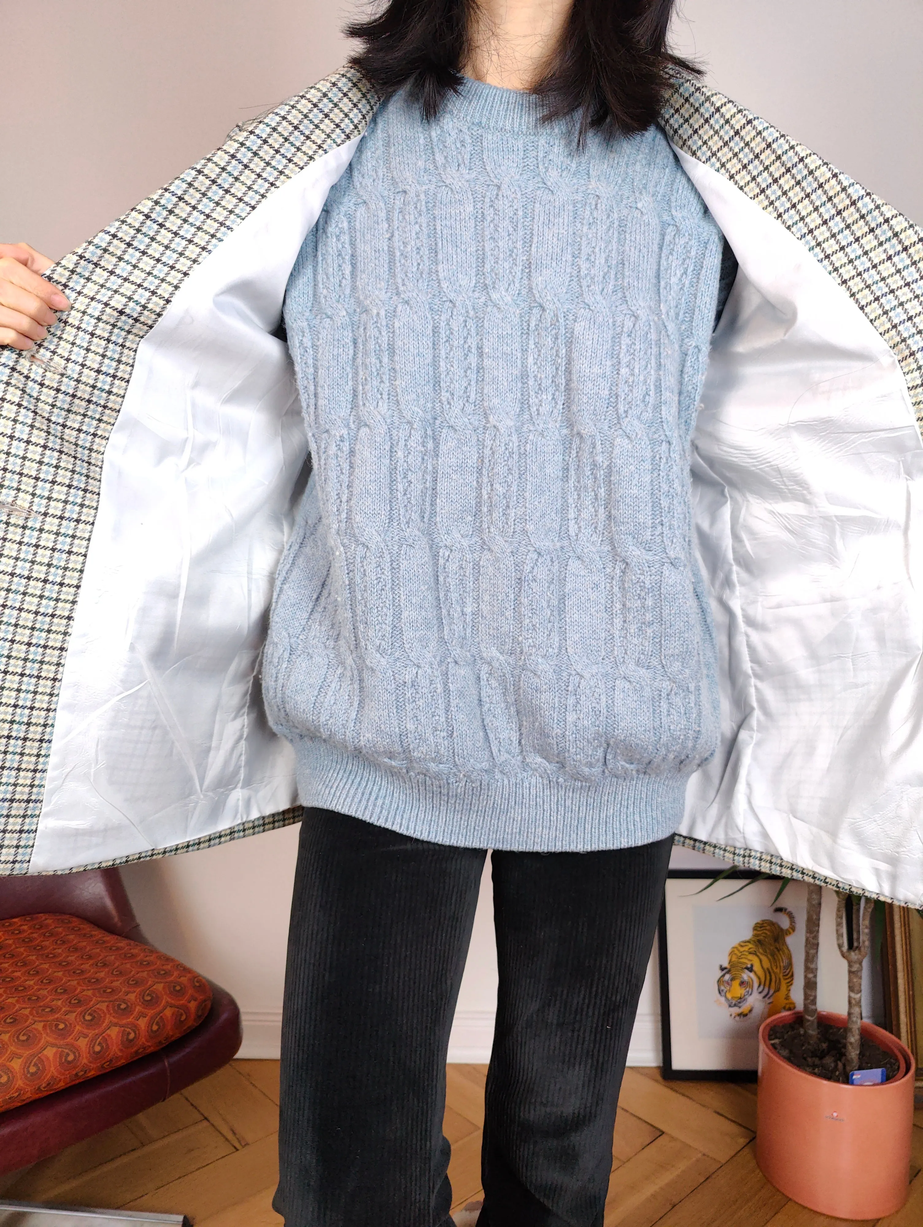 Vintage 100% wool blazer white blue checker check tartan pattern jacket women IT48 M
