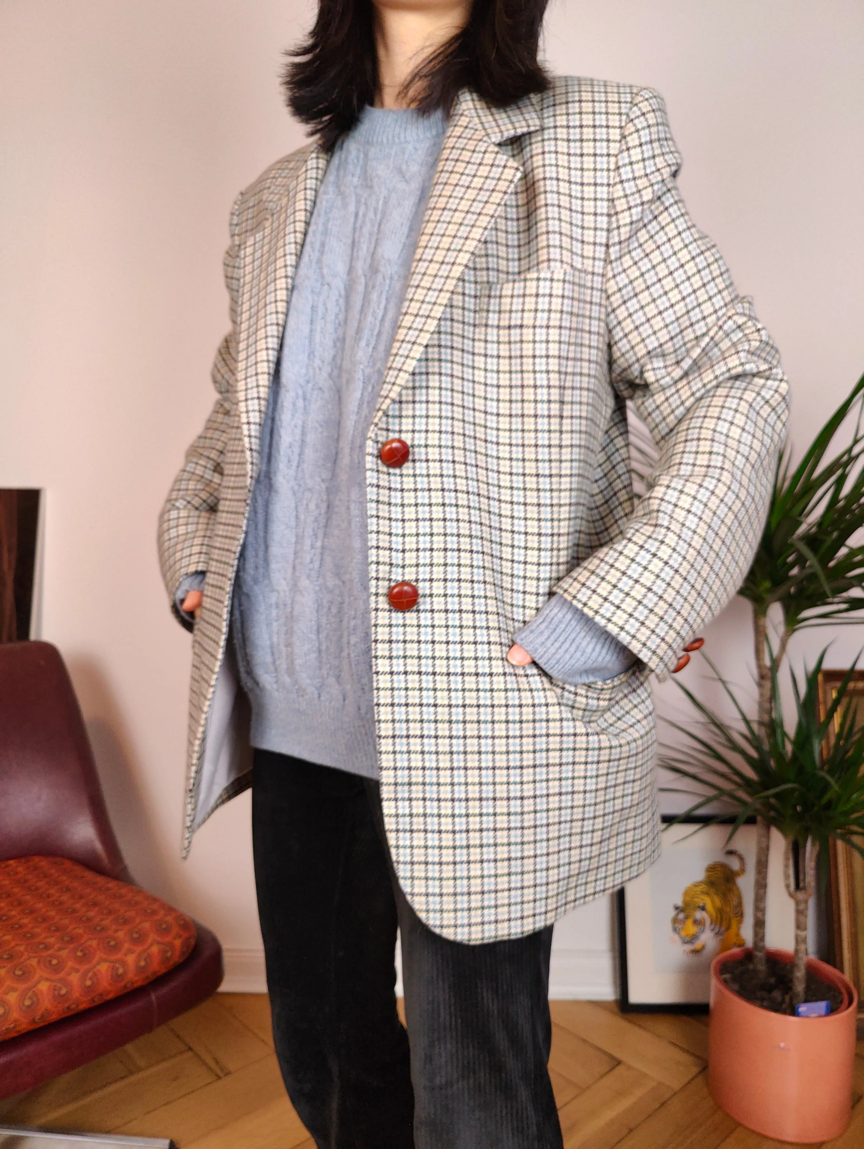 Vintage 100% wool blazer white blue checker check tartan pattern jacket women IT48 M