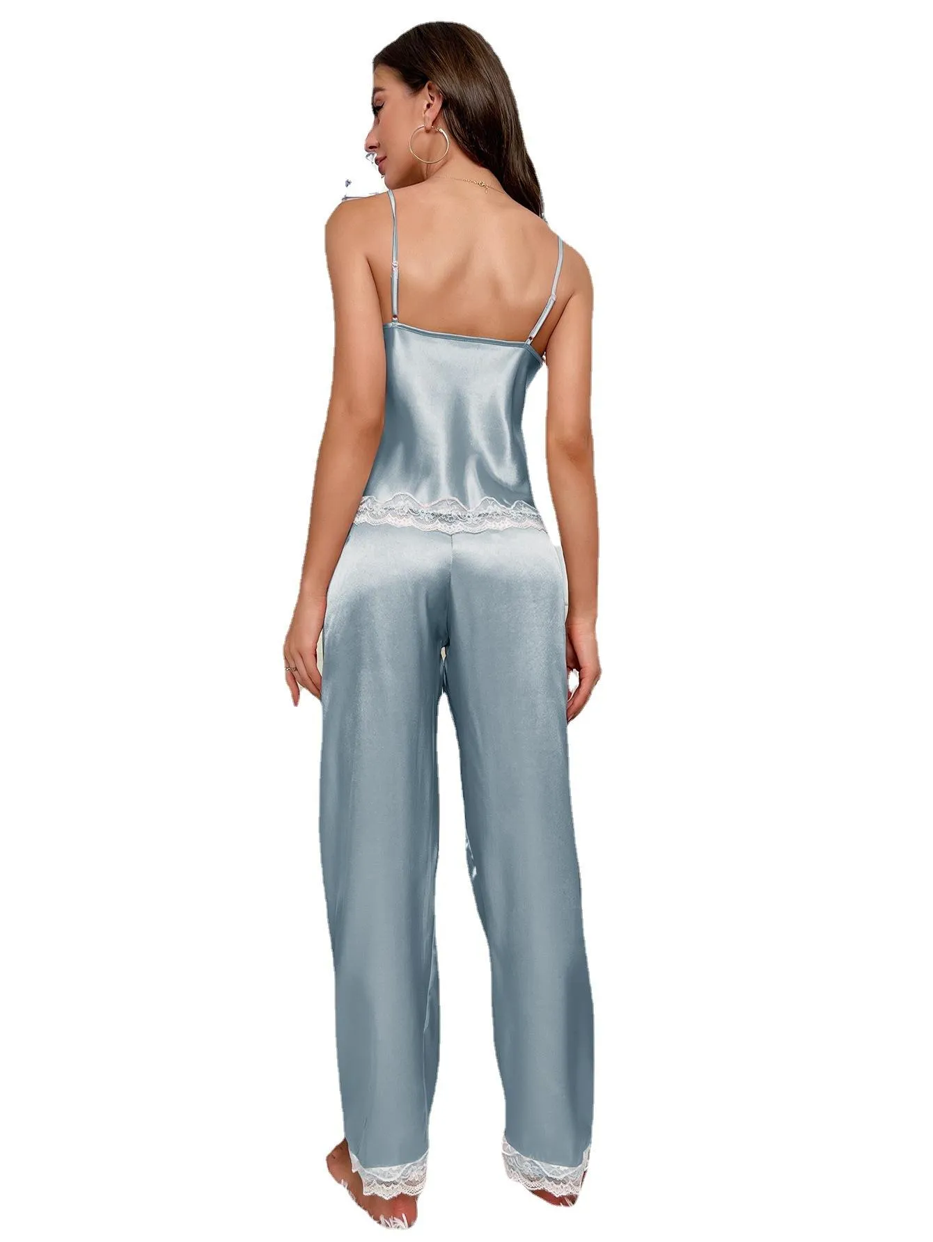 White Lace Edge Women Pajama Set Ice Silk Sleeveless Suit Pyjamas
