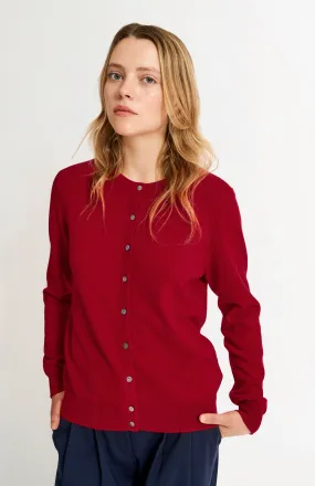 Womens Classic Round Neck Cashmere Cardigan In Scarlet
