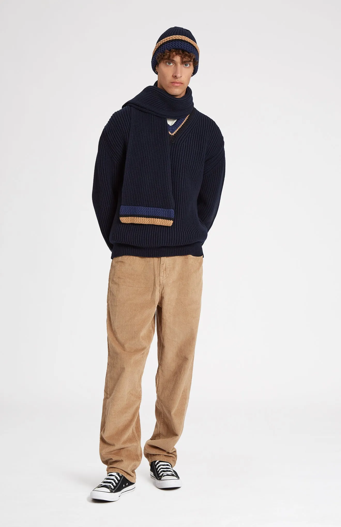 Wool Cashmere Blend Scarf With Allover Chunky Cardigan Rib In Navy