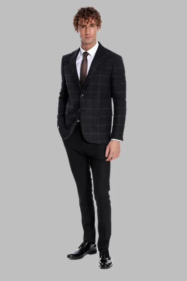WSS Plaid Wool Black Men Blazer  - Singen