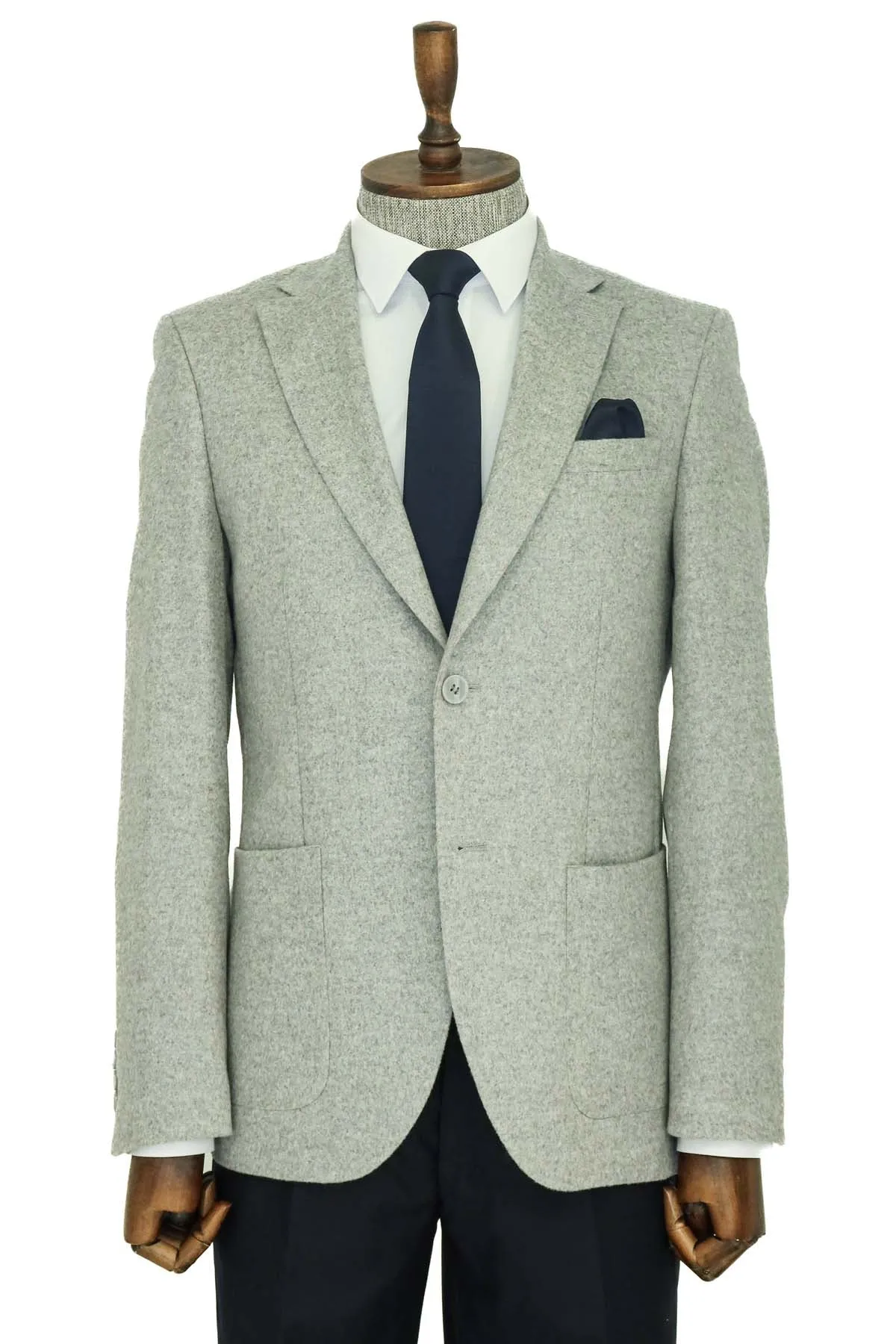 WSS Slim Fit Plain Wide Lapel Grey Men Wool Blazer  - Comitán