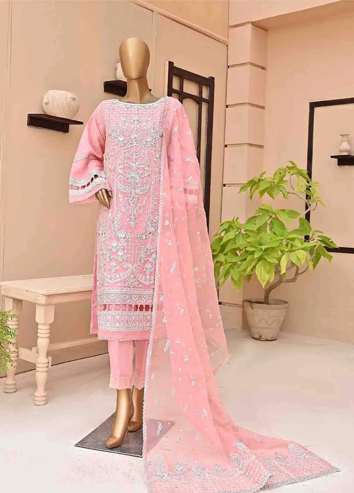 ZEF-2015- 3 Piece Embroidered Organza